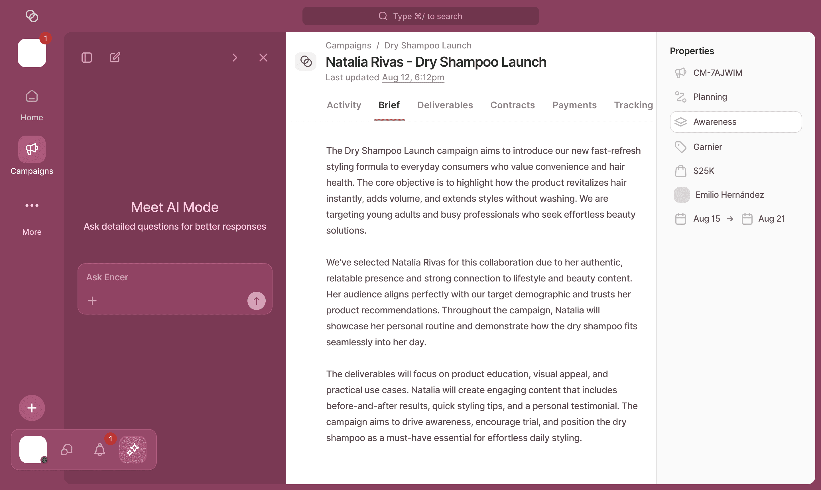 Encer AI dashboard screenshot